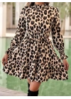Kadın Uzun Kollu Yarı Balıkçı Yaka Leopar Desenli Modal Mini Elbise