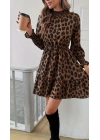 Kadın Uzun Kollu Yarı Balıkçı Yaka Leopar Desenli Modal Mini Elbise