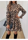 Kadın Uzun Kollu Yarı Balıkçı Yaka Leopar Desenli Modal Mini Elbise