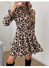 Kadın Uzun Kollu Yarı Balıkçı Yaka Leopar Desenli Modal Mini Elbise