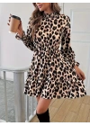 Kadın Uzun Kollu Yarı Balıkçı Yaka Leopar Desenli Modal Mini Elbise