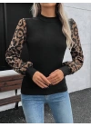 Kadın Uzun Kollu Yarı Balıkçı Yaka Leopar Detaylı Kaşkorse Bluz