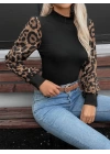 Kadın Uzun Kollu Yarı Balıkçı Yaka Leopar Detaylı Kaşkorse Bluz