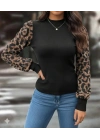 Kadın Uzun Kollu Yarı Balıkçı Yaka Leopar Detaylı Kaşkorse Bluz