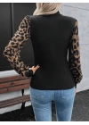 Kadın Uzun Kollu Yarı Balıkçı Yaka Leopar Detaylı Kaşkorse Bluz
