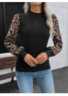 Kadın Uzun Kollu Yarı Balıkçı Yaka Leopar Detaylı Kaşkorse Bluz