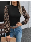 Kadın Uzun Kollu Yarı Balıkçı Yaka Leopar Detaylı Kaşkorse Bluz