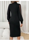 Kadın Uzun Kollu Yarı Balıkçı Yaka Tül Ve Inci Detaylı Kısa Ithal Krep Midi Elbise