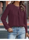 Kadın Uzun Kollu Yuvarlak önden Pileli Ithal Krep Bluz