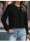 Kadın Uzun Kollu Yuvarlak önden Pileli Ithal Krep Bluz