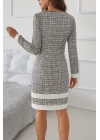 Kadın Uzun Kollu Yuvarlak Yaka Etek Ucu şerit Detaylı Mini Dokuma Elbise