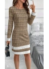 Kadın Uzun Kollu Yuvarlak Yaka Etek Ucu şerit Detaylı Mini Dokuma Elbise
