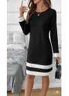 Kadın Uzun Kollu Yuvarlak Yaka Etek Ucu şerit Detaylı Mini Siyah Beyaz Dalgıç Elbise