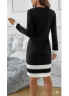Kadın Uzun Kollu Yuvarlak Yaka Etek Ucu şerit Detaylı Mini Siyah Beyaz Dalgıç Elbise