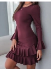 Kadın Uzun Kollu Yuvarlak Yaka Fırfırlı Kol Ucu Volanlı Janjan Krep Mini Elbise