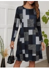 Kadın Uzun Kollu Yuvarlak Yaka Geometrik Süprem Elbise