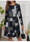 Kadın Uzun Kollu Yuvarlak Yaka Geometrik Süprem Elbise