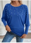 Kadın Uzun Kollu Yuvarlak Yaka Incili Viskon Bluz