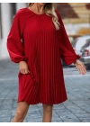 Kadın Uzun Kollu Yuvarlak Yaka Pileli Salaş Mini Ithal Krep Elbise