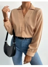 Kadın V Yaka Uzun Kollu Mosskrep Kumaş Bluz