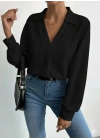 Kadın V Yaka Uzun Kollu Mosskrep Kumaş Bluz