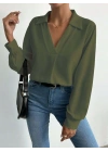 Kadın V Yaka Uzun Kollu Mosskrep Kumaş Bluz