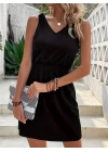 Kadın V Yakalı Belinde Gipe Detay Krep Elbise