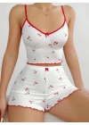 Kadın Vişne Desenli Dantel Askılı Şortlu Pijama Takımı 5193