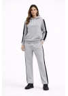 KADIN Yandan Şeritli Eşofman Takım Kapüşonlu Sweatshirt Boru Paça Alt, Oversize 3 Iplik Pamuklu - Gri