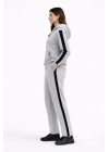 KADIN Yandan Şeritli Eşofman Takım Kapüşonlu Sweatshirt Boru Paça Alt, Oversize 3 Iplik Pamuklu - Gri