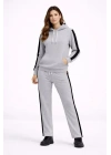 KADIN Yandan Şeritli Eşofman Takım Kapüşonlu Sweatshirt Boru Paça Alt, Oversize 3 Iplik Pamuklu - Gri