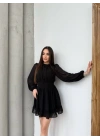 Kadın Yarım Balıkçı Yaka Kolları Transparan Astarlı Full şifon Elbise