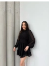 Kadın Yarım Balıkçı Yaka Kolları Transparan Astarlı Full şifon Elbise
