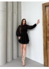 Kadın Yarım Balıkçı Yaka Kolları Transparan Astarlı Full şifon Elbise