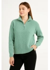 KADIN Yarım Fermuarlı Triko Kazak – Selanik Örgü, Dik Yaka, Pamuklu Dokuma, Oversize Uzun Kollu Kışlık Model - Mint Yeşili