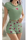 Kadın Yeşil Çilek Desenli Askılı Şortlu Pijama Takım 5004