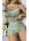 Kadın Yeşil Dantel Detaylı Şortlu Gecelik Pijama Takımı 5014