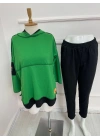 Kadın Yeşil Kapşonlu Etek Ucu Detay Arma Ters Dikiş Gorunumlu Ikili Takım
