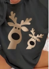 Kadın Yılbaşı Özel Uzun Kollu Bisiklet Yaka Geyik Desenli Viskon Iki Iplik Bluz