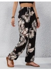 Kadın Yüksek Bel Bağcıklı Yaprak Desenli Süprem Pantolon