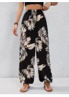 Kadın Yüksek Bel Bağcıklı Yaprak Desenli Süprem Pantolon