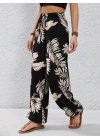 Kadın Yüksek Bel Bağcıklı Yaprak Desenli Süprem Pantolon