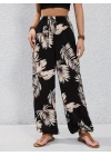 Kadın Yüksek Bel Bağcıklı Yaprak Desenli Süprem Pantolon