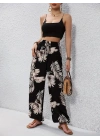 Kadın Yüksek Bel Bağcıklı Yaprak Desenli Süprem Pantolon