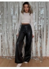 Kadın Yüksek Bel Beli Lastikli Geniş Paçalı Deri Pantolon