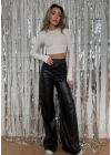 Kadın Yüksek Bel Beli Lastikli Geniş Paçalı Deri Pantolon