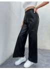 Kadın Yüksek Bel Beli Lastikli Geniş Paçalı Deri Pantolon