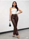Kadın Yüksek Bel Cepli Deri Pantolon