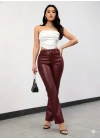 Kadın Yüksek Bel Cepli Deri Pantolon