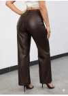 Kadın Yüksek Bel Cepli Deri Pantolon